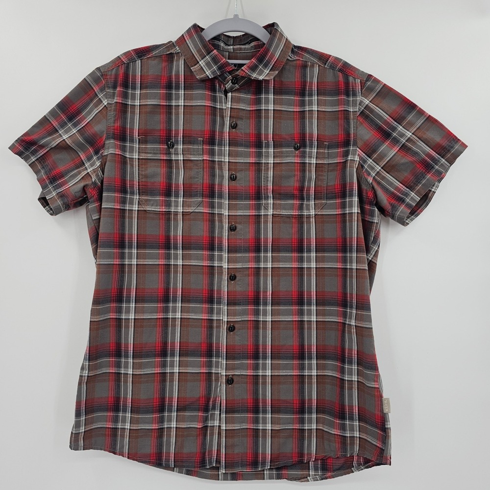 Kuhl Mens Tapered Fit Short Sleeve Plaid Button Down Shirt Red Grey Medium 7222